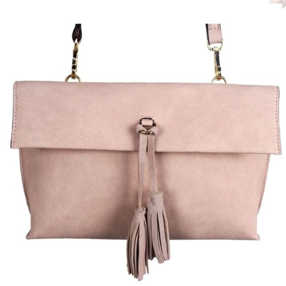 Anthropologie Suede Tassel Flat Envelope Clutch with Crossbody Strap Blush Pink - Picture 2 of 13